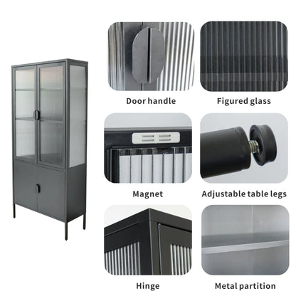 Tall 3-Shelf Steel Accent Cabinet with Fluted Glass and Upper & Lower Door-Black