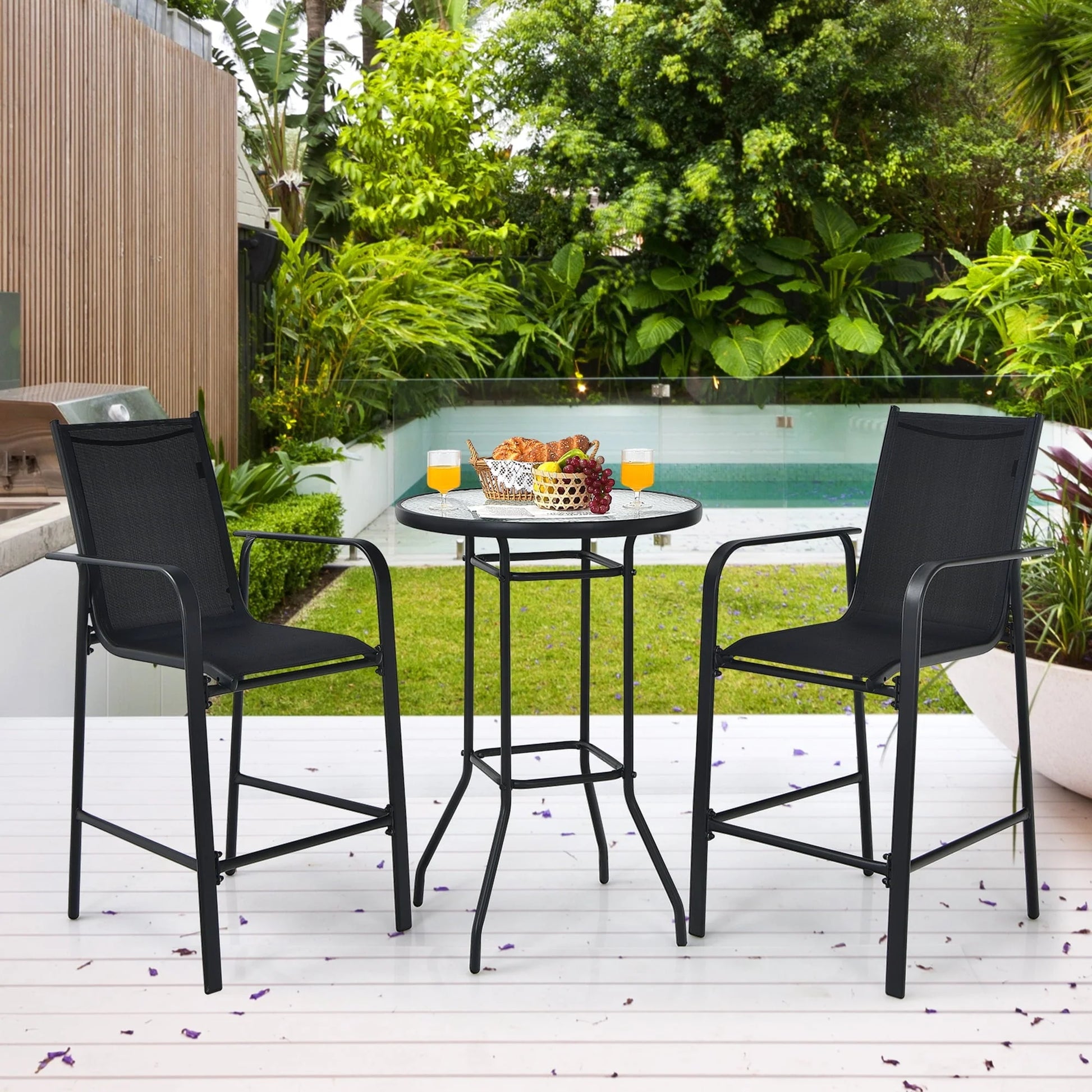 Gymax 3PCS Patio Bar Set Outdoor Bistro Set w/2 Stools & 1 Tempered Glass Table