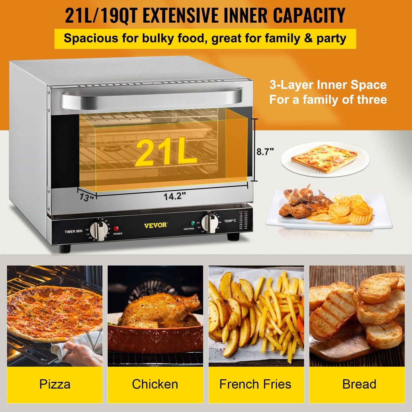 VEVOR Commercial Convection Oven,21L/19Qt,Quarter-Size Conventional Oven Countertop,1440W 3-Tier Toaster with Front Glass Door,Electric Baking Oven with Trays Wire Racks Clip Gloves