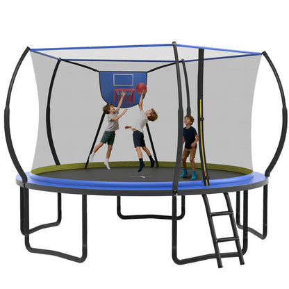 14FT Trampoline with Enclosure for Kids Adults, SEGMART Outdoor Pumpkin Round Recreational Trampoline with No-Gap Design, Heavy Duty Backyard Trampoline with Curved Fiberglass Poles for Indoor Outdoo