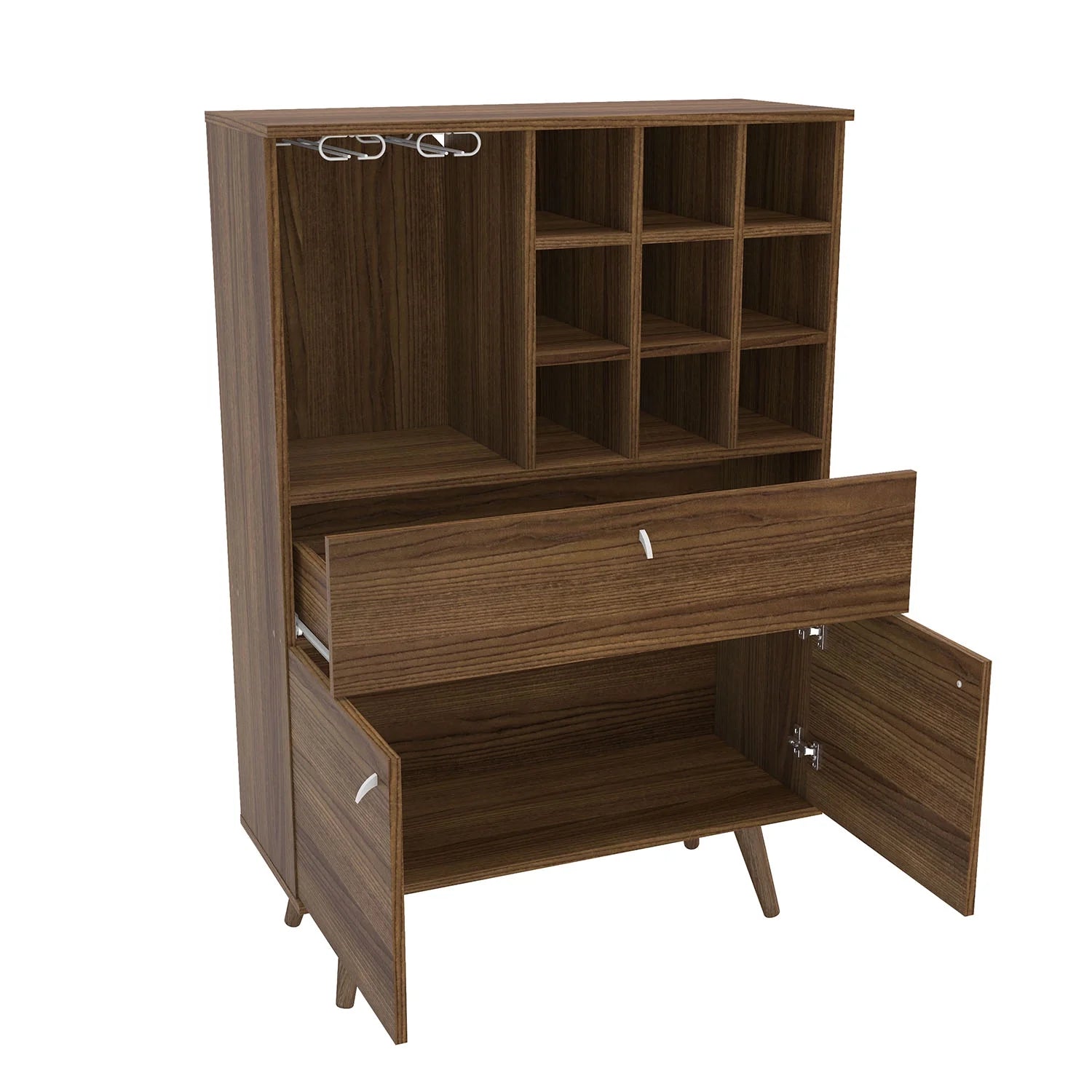 Polifurniture Salamanca Modern Bar Cabinet with Wine Rack and Glass Holder, Walnut