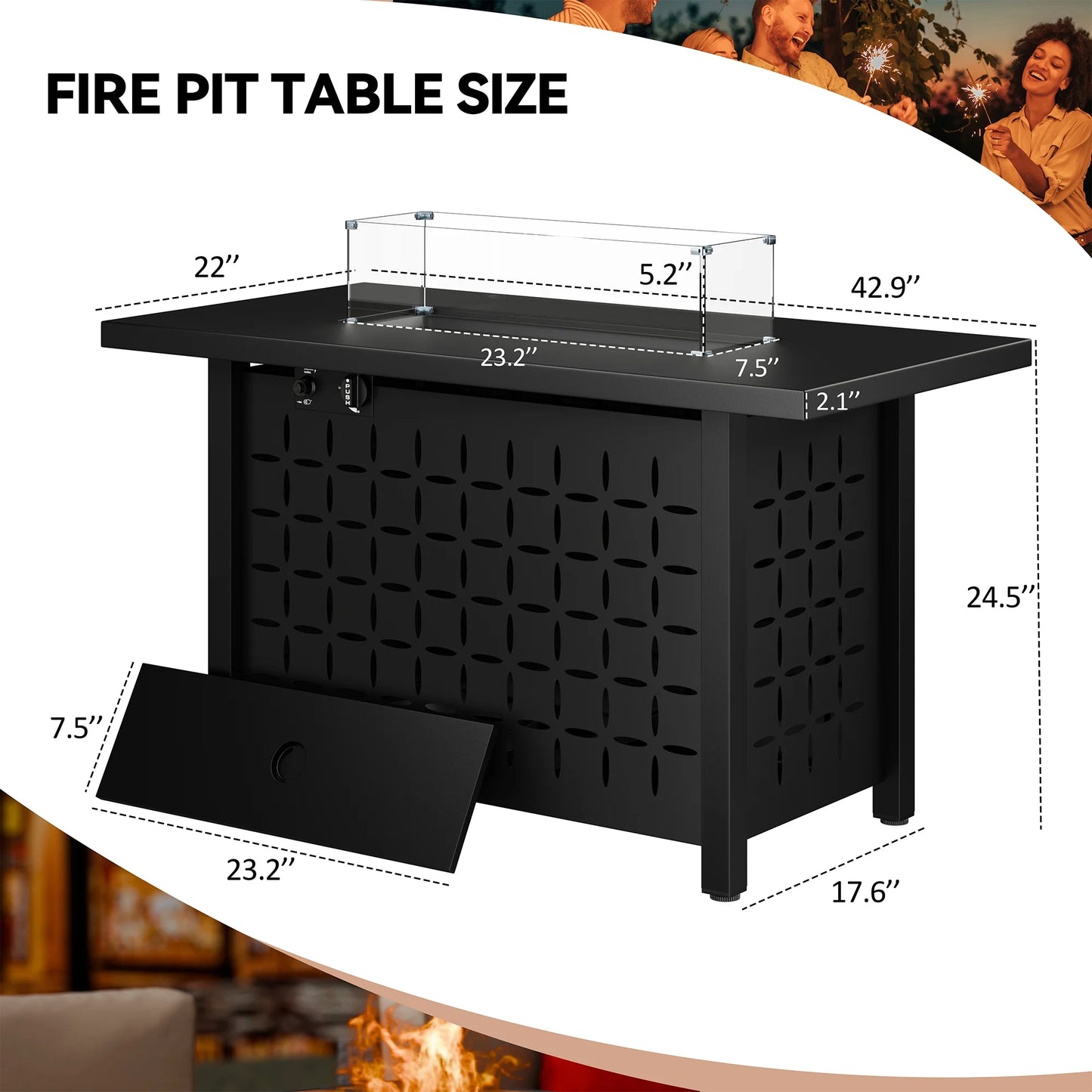 Walsunny 43 Inch Gas Fire Pit Table 40,000 BTU Outdoor Rectangular Propane Firepit Table with Glass Wind Guard and Waterproof Cover