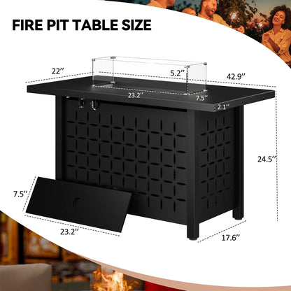 Walsunny 43 Inch Gas Fire Pit Table 40,000 BTU Outdoor Rectangular Propane Firepit Table with Glass Wind Guard and Waterproof Cover