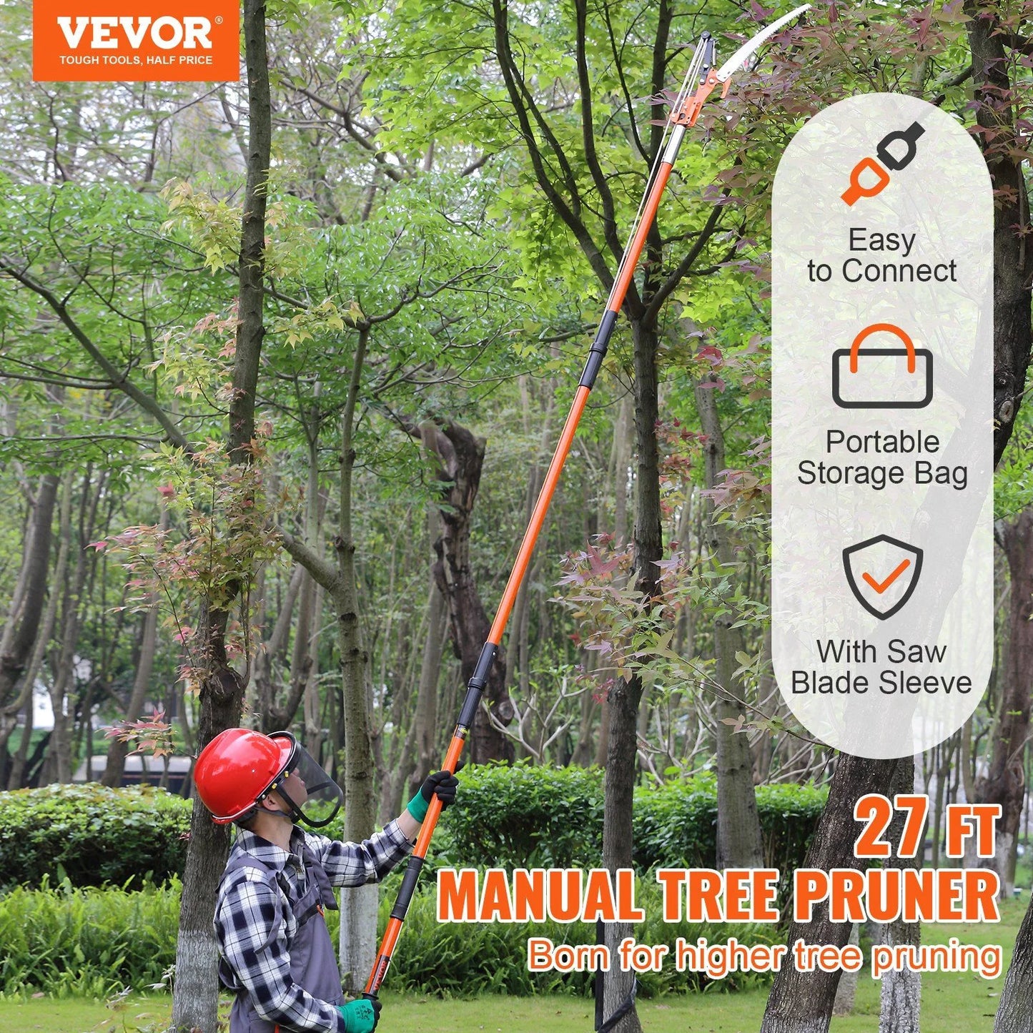 Extendable Manual Pole Saw 7.3-27 ft, Tree Pruner with Sharp Steel Blade and Scissors, Lightweight Fiberglass Pole for Trimming High Branches on Palms and Shrubs