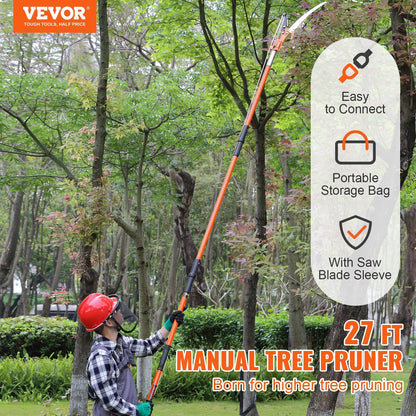 Extendable Manual Pole Saw 7.3-27 ft, Tree Pruner with Sharp Steel Blade and Scissors, Lightweight Fiberglass Pole for Trimming High Branches on Palms and Shrubs