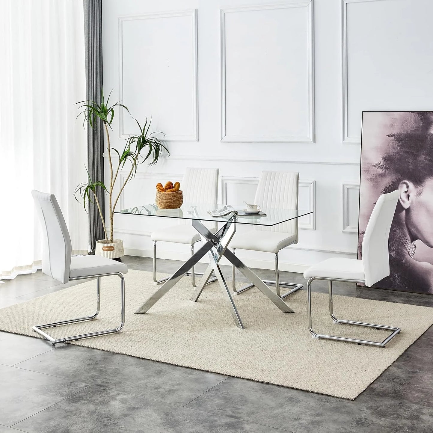 SSYBAB Glass Dining Table for 4 People, 51.2 Inches Rectangular Glass Kitchen Table with Silver Steel Legs, Modern Dining Room Table for Dinner Kitchen Dining Room