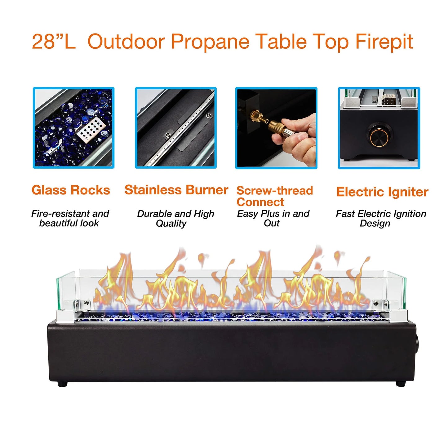 28-inch Table Top Gas Fire Pit, 40,000 BTU Tabletop Propane Fire Pit Portable Fireplace for Patio, Outdoor w/Wind Glass Shield, Glass Rocks, Carbon Gray