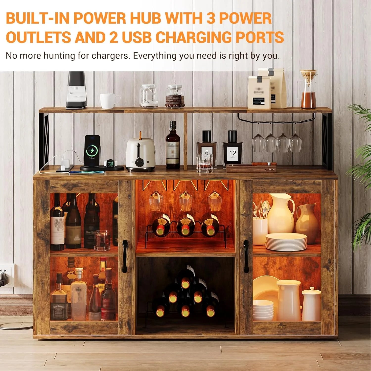 Home Wine Bar Cabinet with LED Light, Industry Coffee Bar Cabinet with Wine Rack, Glass Holder, and Power Outlets, Kitchen Sideboard Buffet Cabinet for Living Room Dining Room