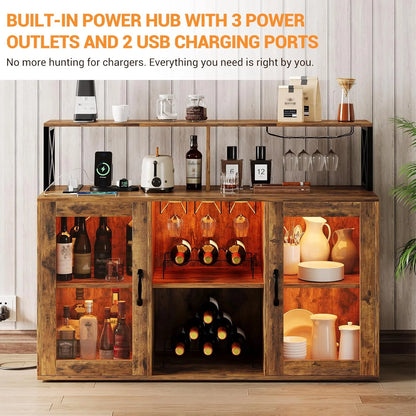 Home Wine Bar Cabinet with LED Light, Industry Coffee Bar Cabinet with Wine Rack, Glass Holder, and Power Outlets, Kitchen Sideboard Buffet Cabinet for Living Room Dining Room