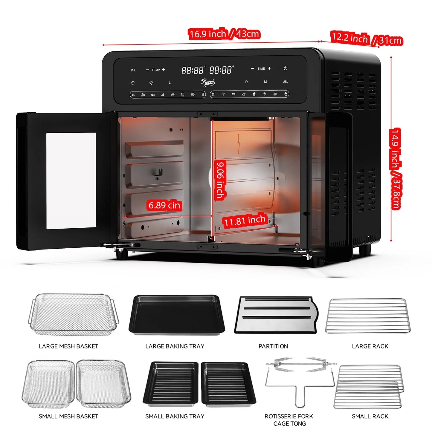 PwZzk 25.4QT Dual Zone Air Fryer Toaster Oven Combo, French Glass Door, XL Capacity, 100-430° F Temperature Range, 16 Preset Functions, LED Display, Dual Fan, 360° Heat Circulation, Rotisserie, Bake,