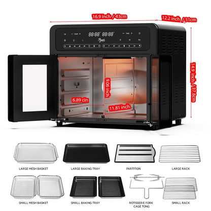 PwZzk 25.4QT Dual Zone Air Fryer Toaster Oven Combo, French Glass Door, XL Capacity, 100-430° F Temperature Range, 16 Preset Functions, LED Display, Dual Fan, 360° Heat Circulation, Rotisserie, Bake,