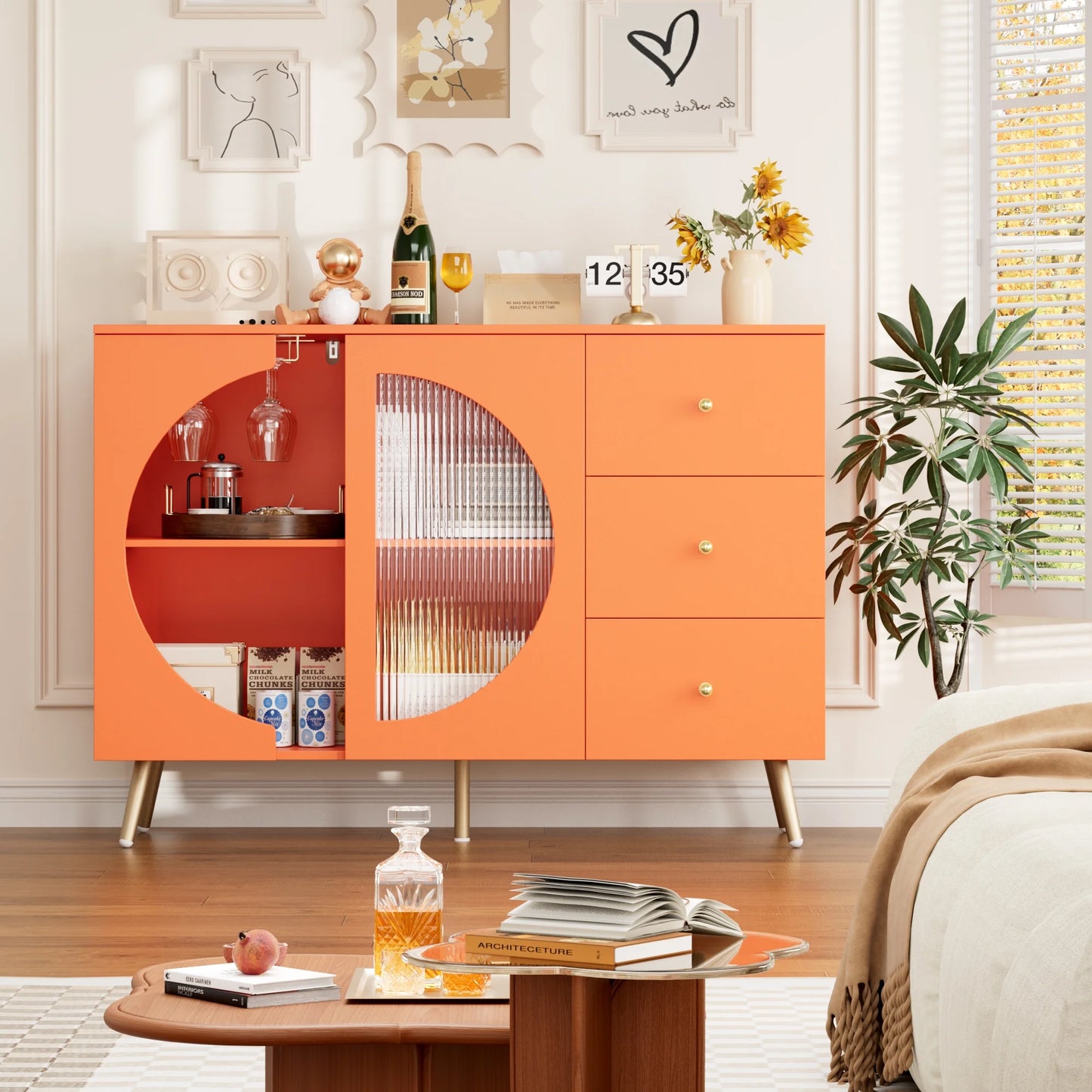 Homfa Coffee Bar Cabinet with 3 Drawers & Glass Door, Modern Buffet Sideboard Bar Table for Dining Room, Green