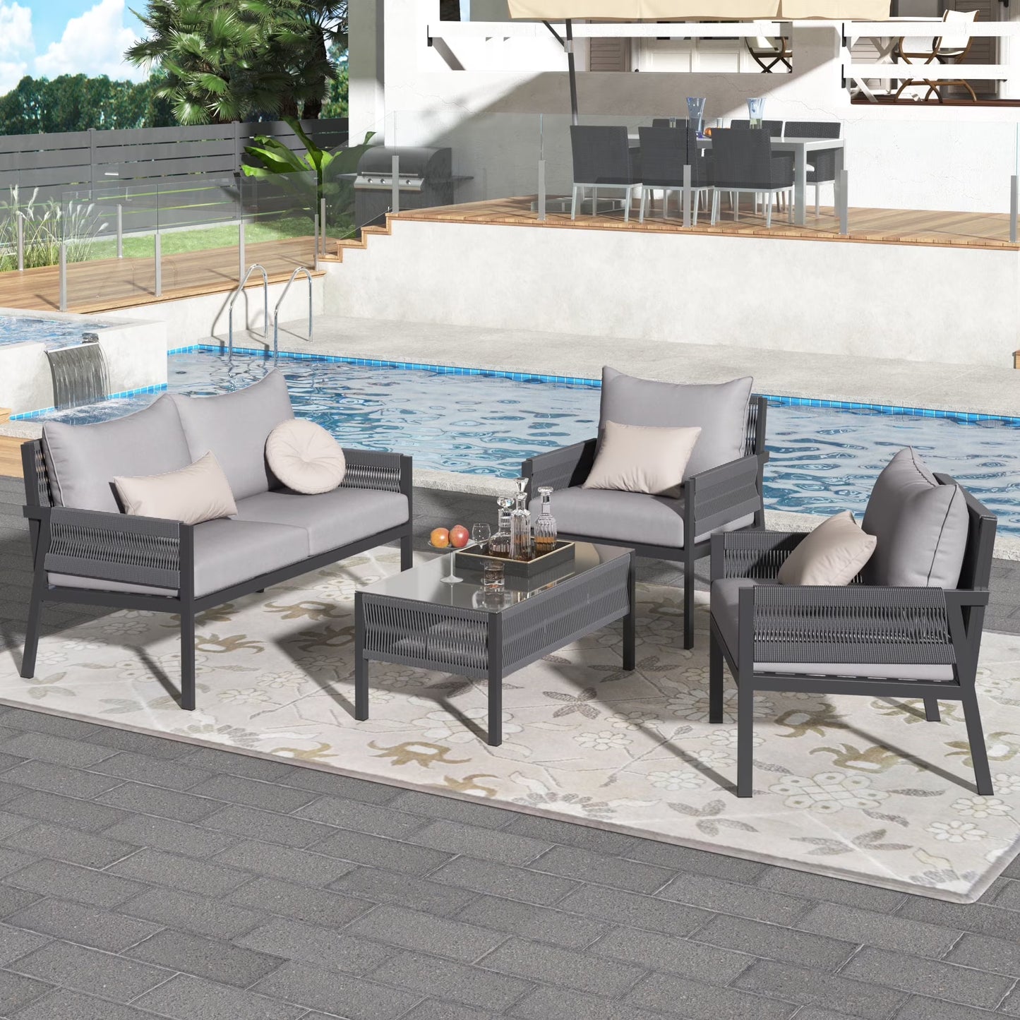 Segmart Wicker Patio Furniture Sets, 4-Piece Rope Patio Furniture Set with Tempered Glass Table, Outdoor Deep Seating Conversation Set with Thick Cushions for Backyard, Porch, Balcony