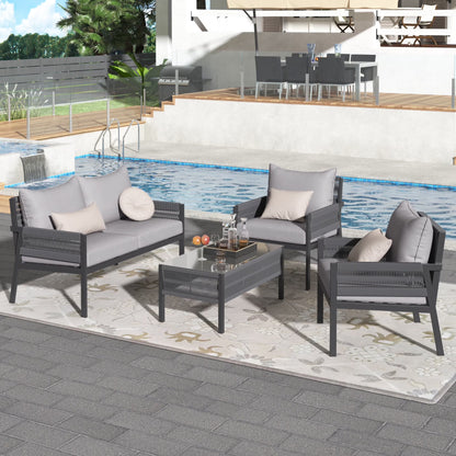 Segmart Wicker Patio Furniture Sets, 4-Piece Rope Patio Furniture Set with Tempered Glass Table, Outdoor Deep Seating Conversation Set with Thick Cushions for Backyard, Porch, Balcony