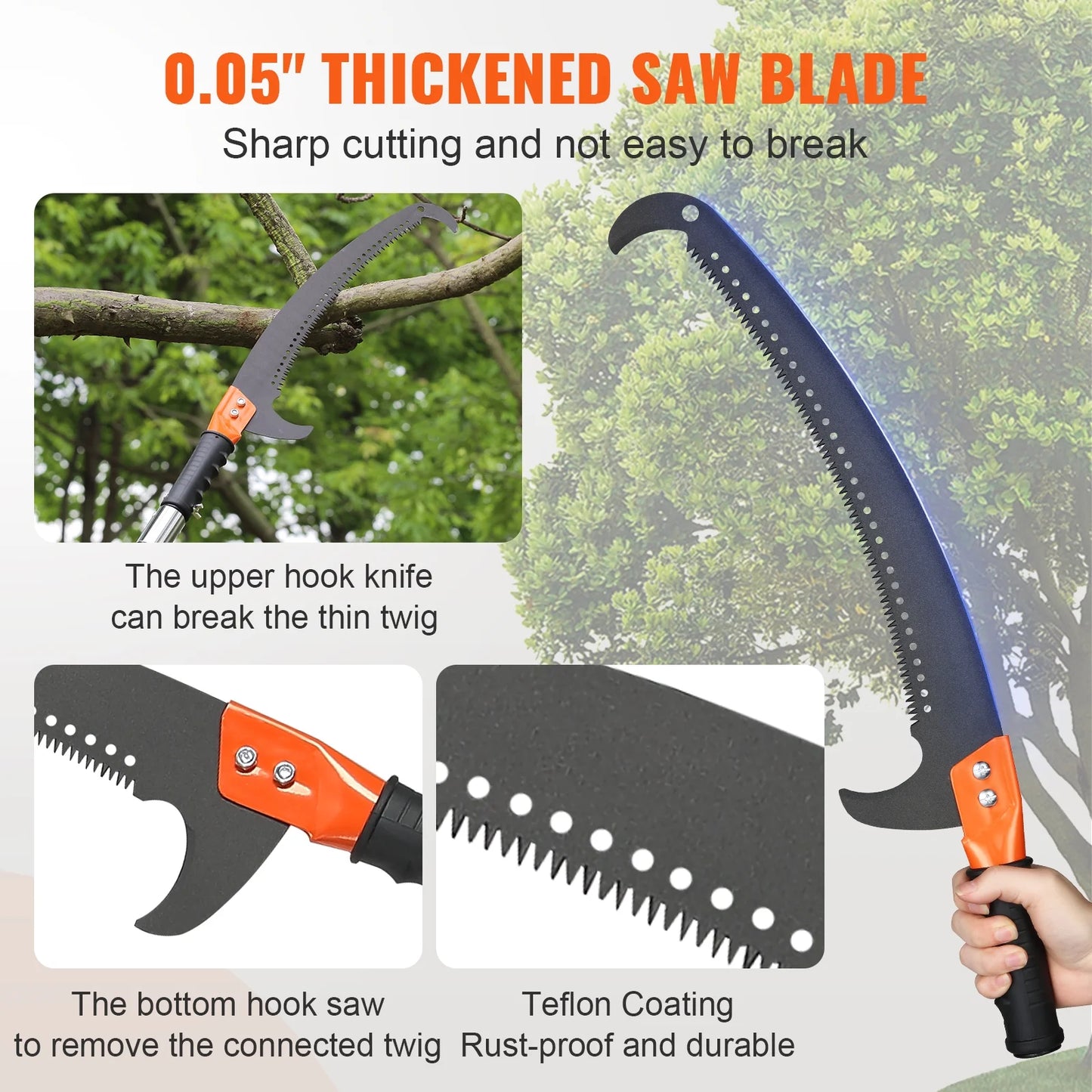 KFFKFF Manual Pole Saw Extendable Tree Pruner 7.3-27ft Fiberglass Pole Hook Knife