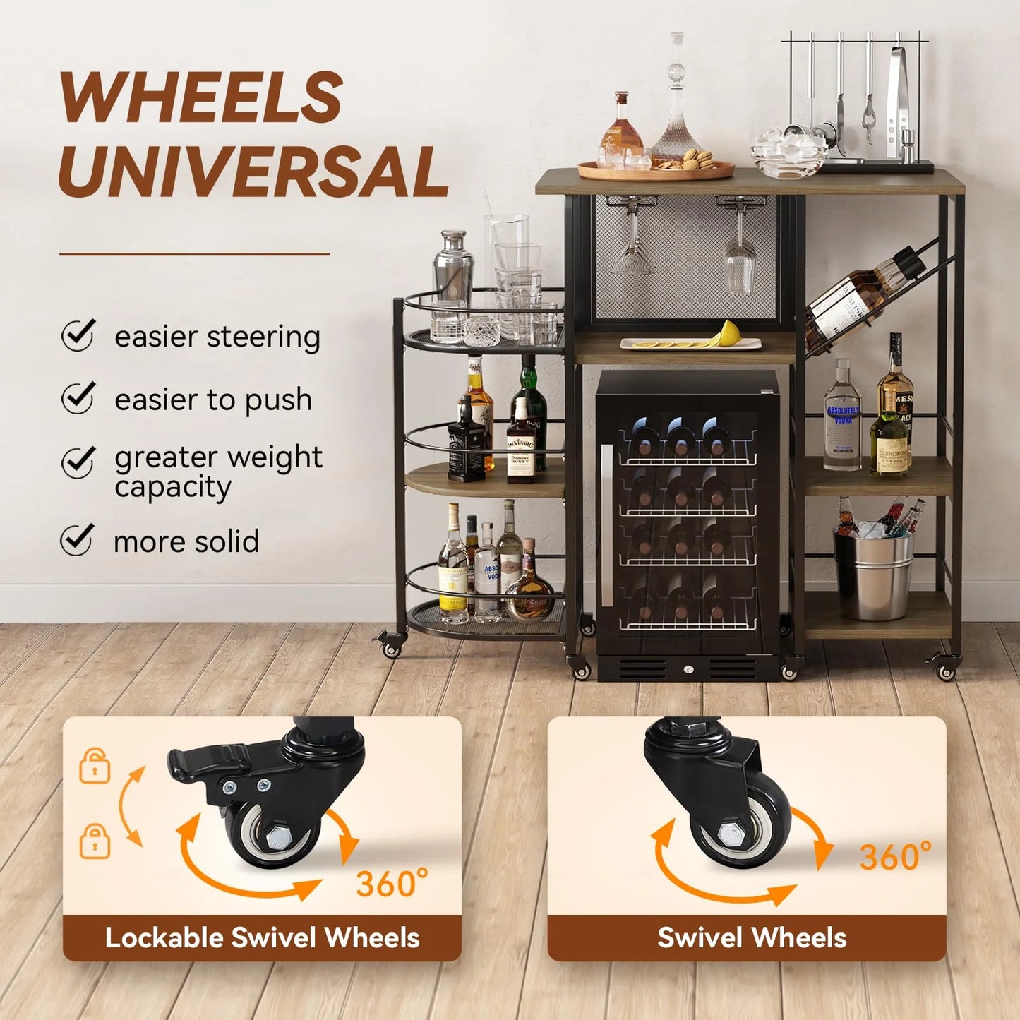 Bar Cart, Home Bar Service Cart with Wine Rack and Glass Holder, Kitchen Cart with Rolling Wheels, Metal Bar Rack with 7 Tiers Storage for Home, Kitchen, Living Room, Dining Room (Brown)