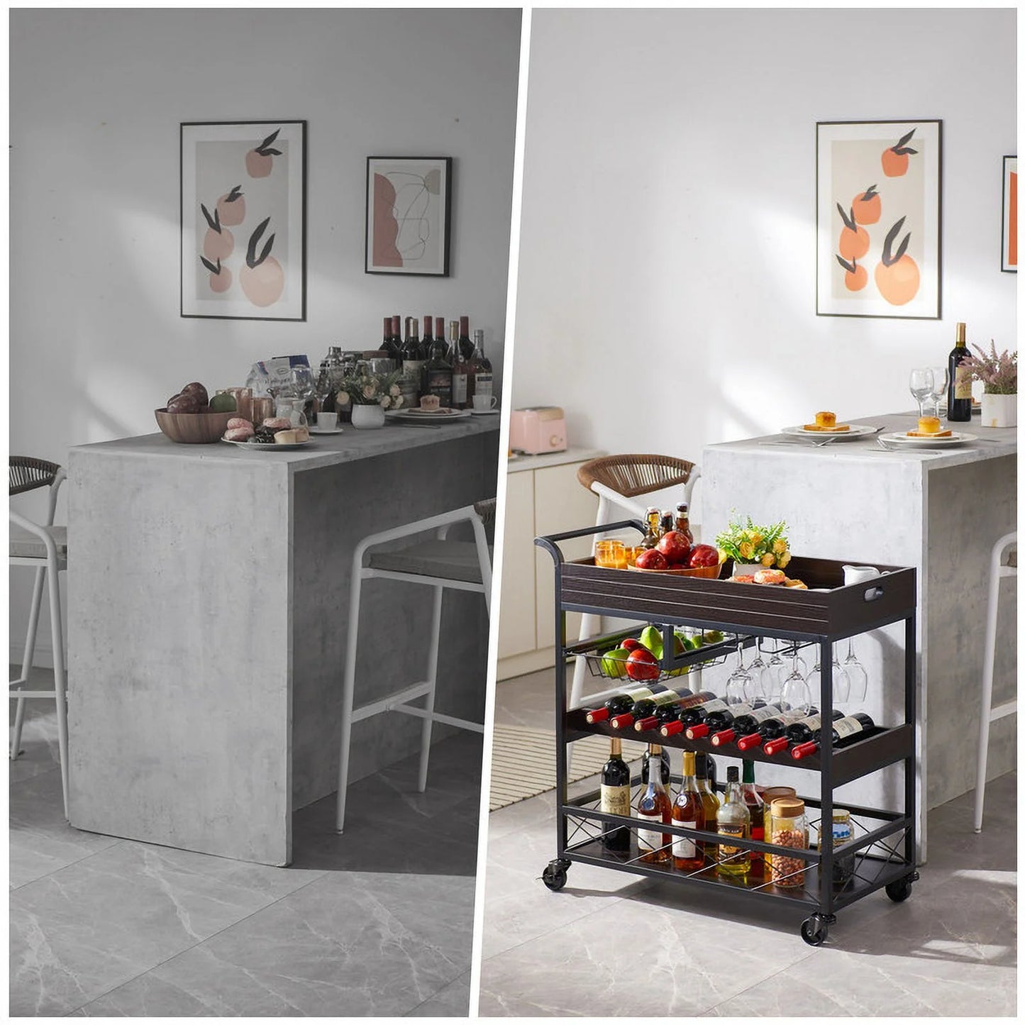 Utopia Alley KF03BZ 3 Tier Kitchen Island Cart on Lockable Wheels with Wine Rack, Glass Holder & Handle for Home