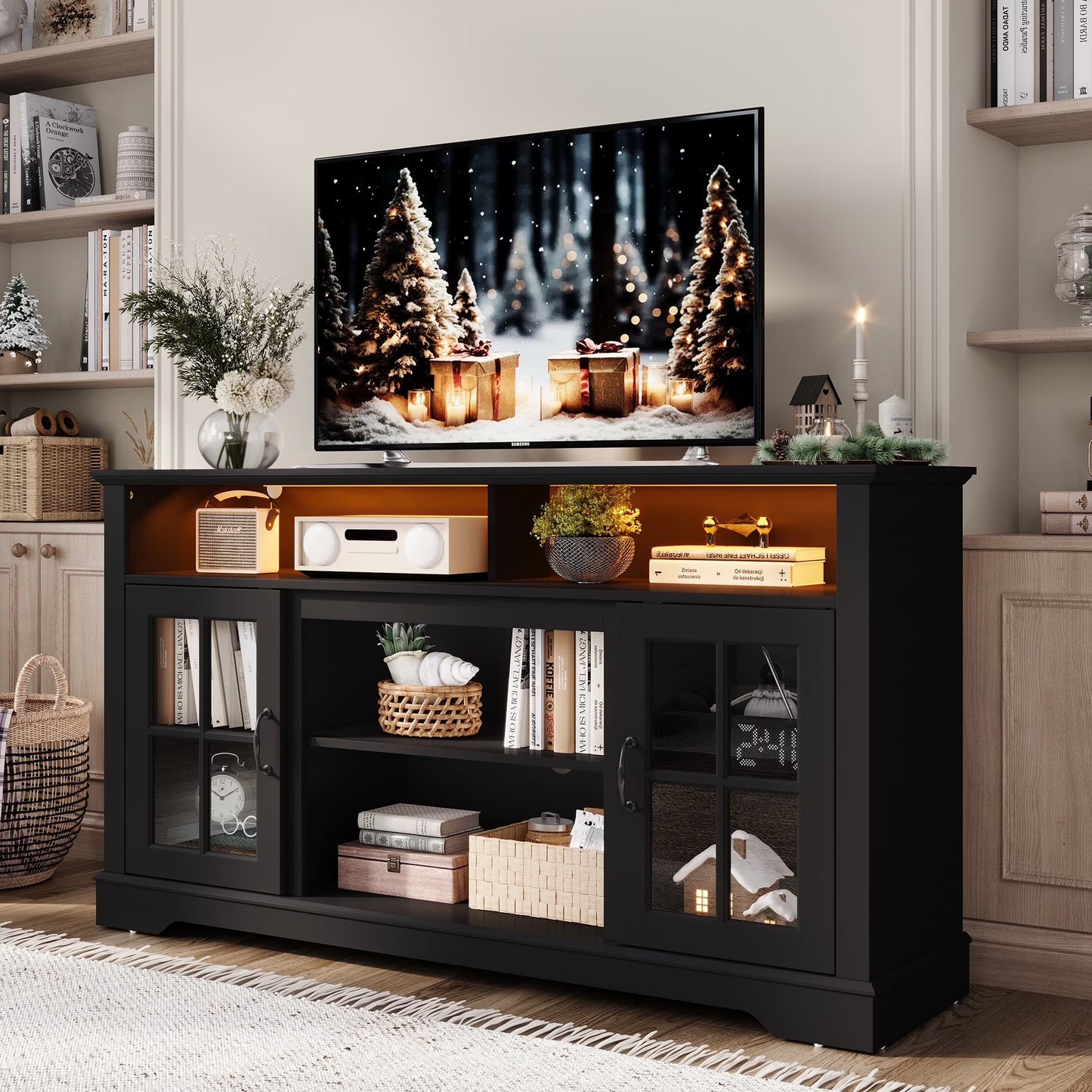 LINSY HOME Modern Glass TV Stand for TVs up to 65", LED Lights Home Entertainment Center with 2 Storage Cabinets and Adjustable Shelves, White