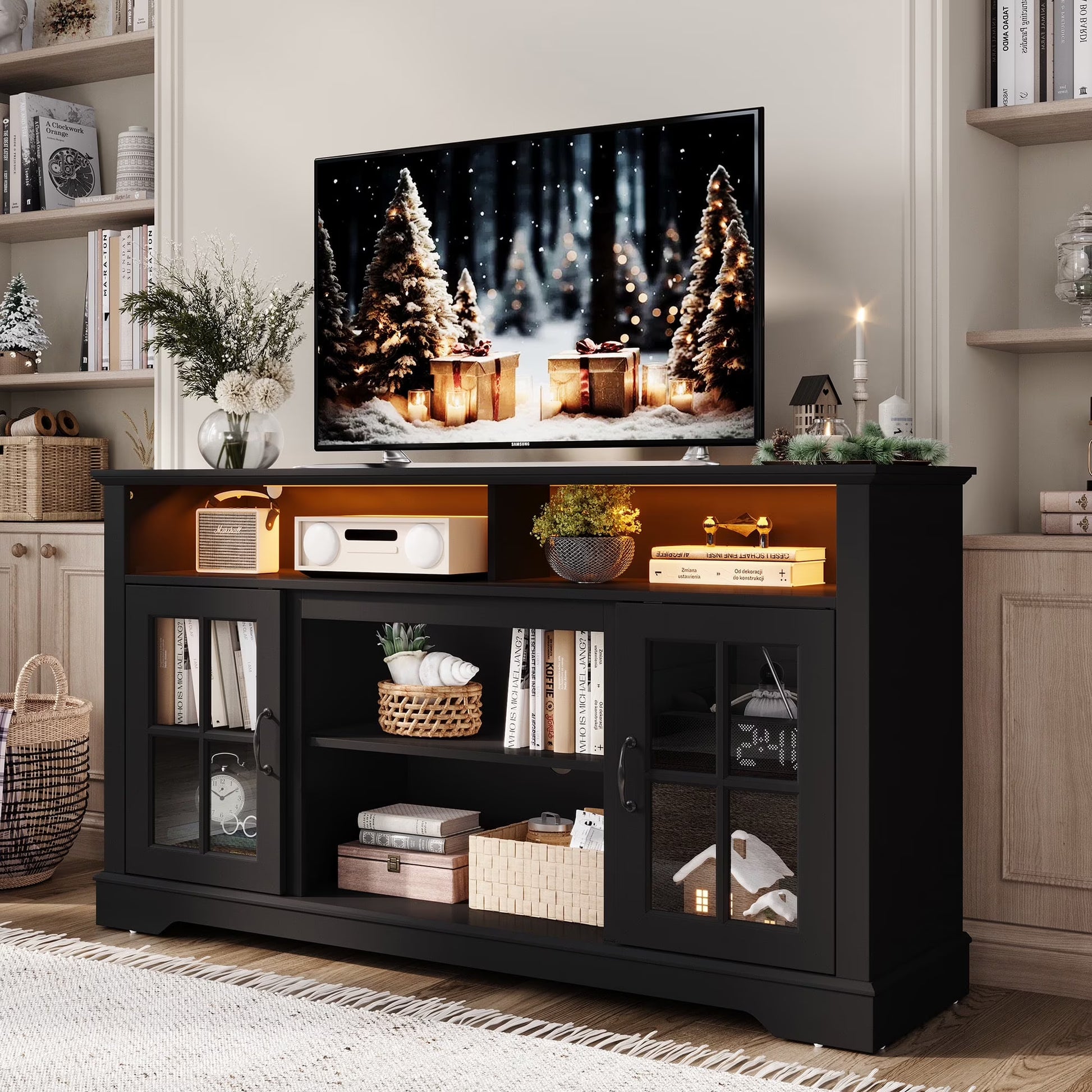 LINSY HOME Modern Glass TV Stand for TVs up to 65", LED Lights Home Entertainment Center with 2 Storage Cabinets and Adjustable Shelves, White