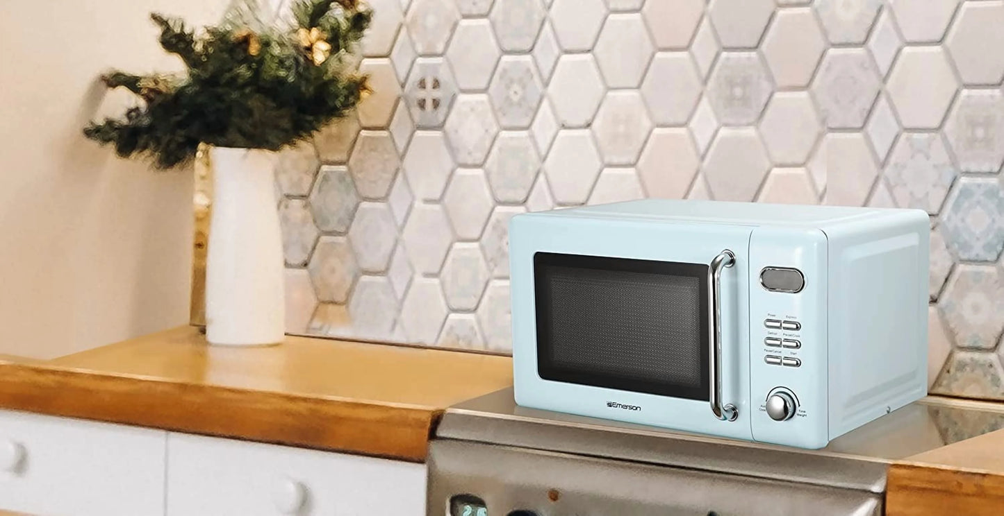Countertop Microwave Oven with Push Button Control, LED Display, 700W 5 Power Levels, 8 Auto Menus, Glass Turntable and Child Safety Lock, 0.7-inchThunderbird Blue