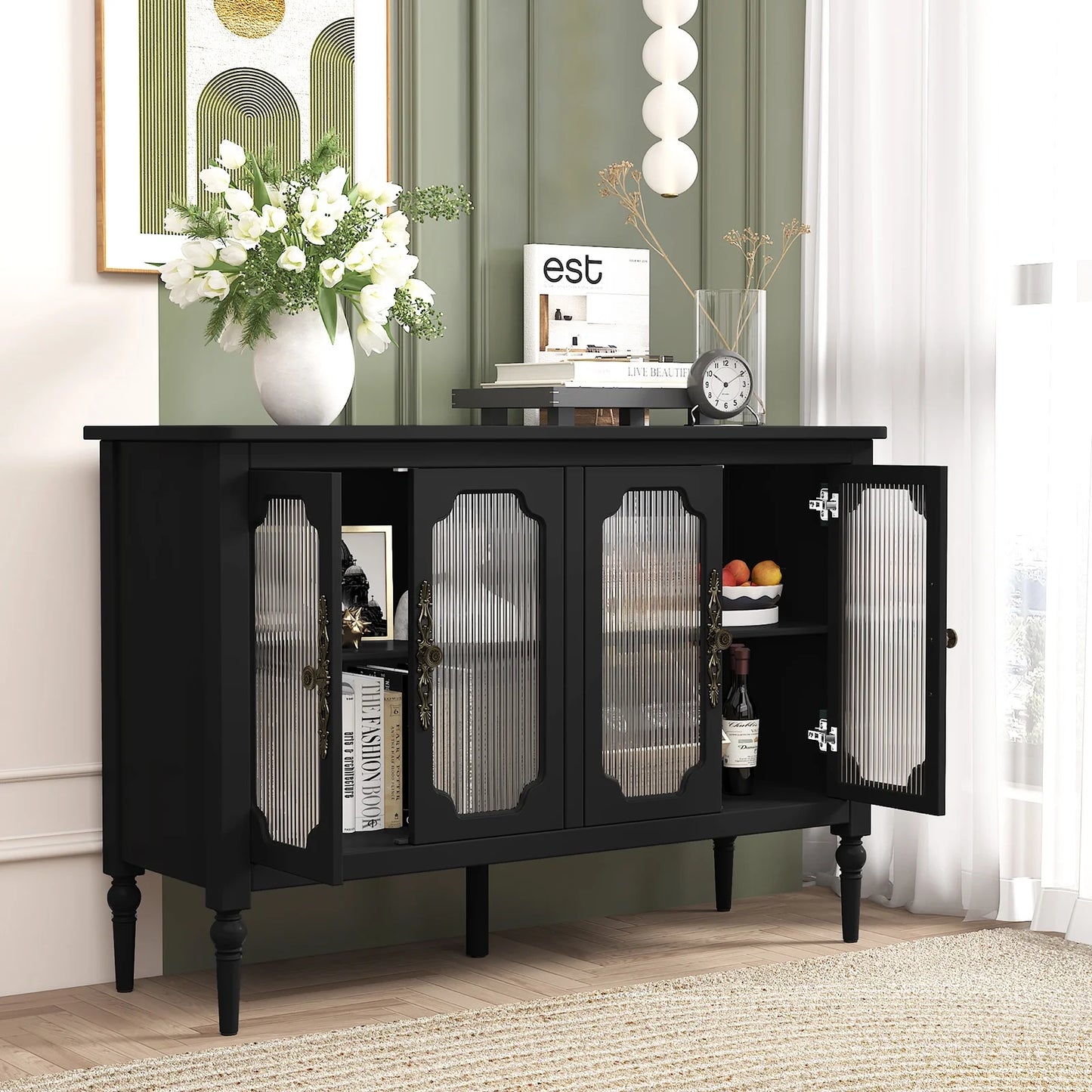 HLR 47.6" Modern Vintage Sideboards Buffet Cabinet with 4 Lattice Glass Door, Green