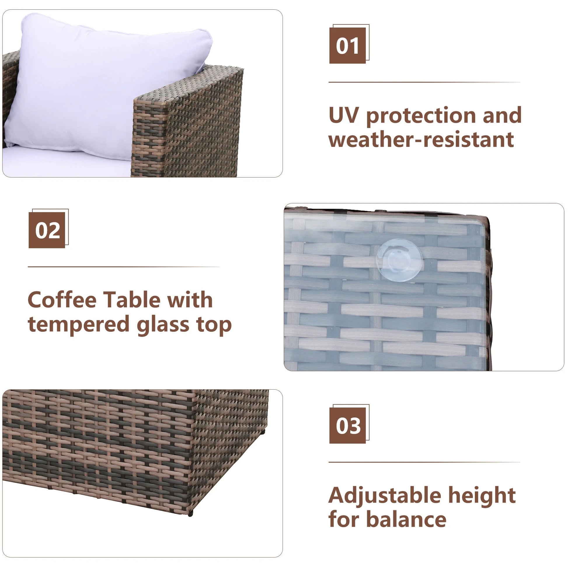 Rattan Patio Sofa Set, 4 Pieces Outdoor Sectional Furniture Set, All-Weather PE Rattan Wicker Patio Conversation Set, Cushioned Sofa Set with Glass Table for Patio Garden Poolside Deck