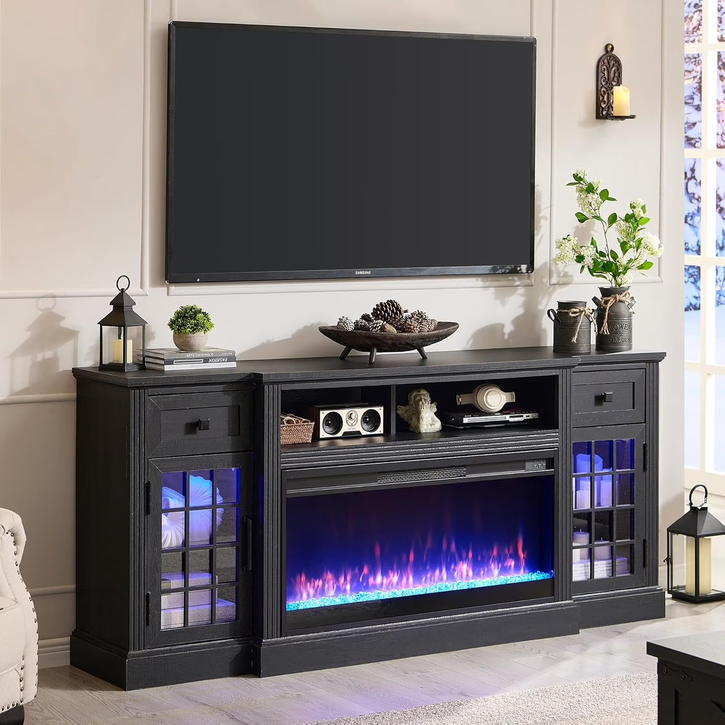T4TREAM Fireplace TV Stand for 80 Inch TV, Farmhouse Highboy Entertainment Center with 36" Electric Fireplace, LED Lights, Glass Door Cabinet & Storage Drawer, White