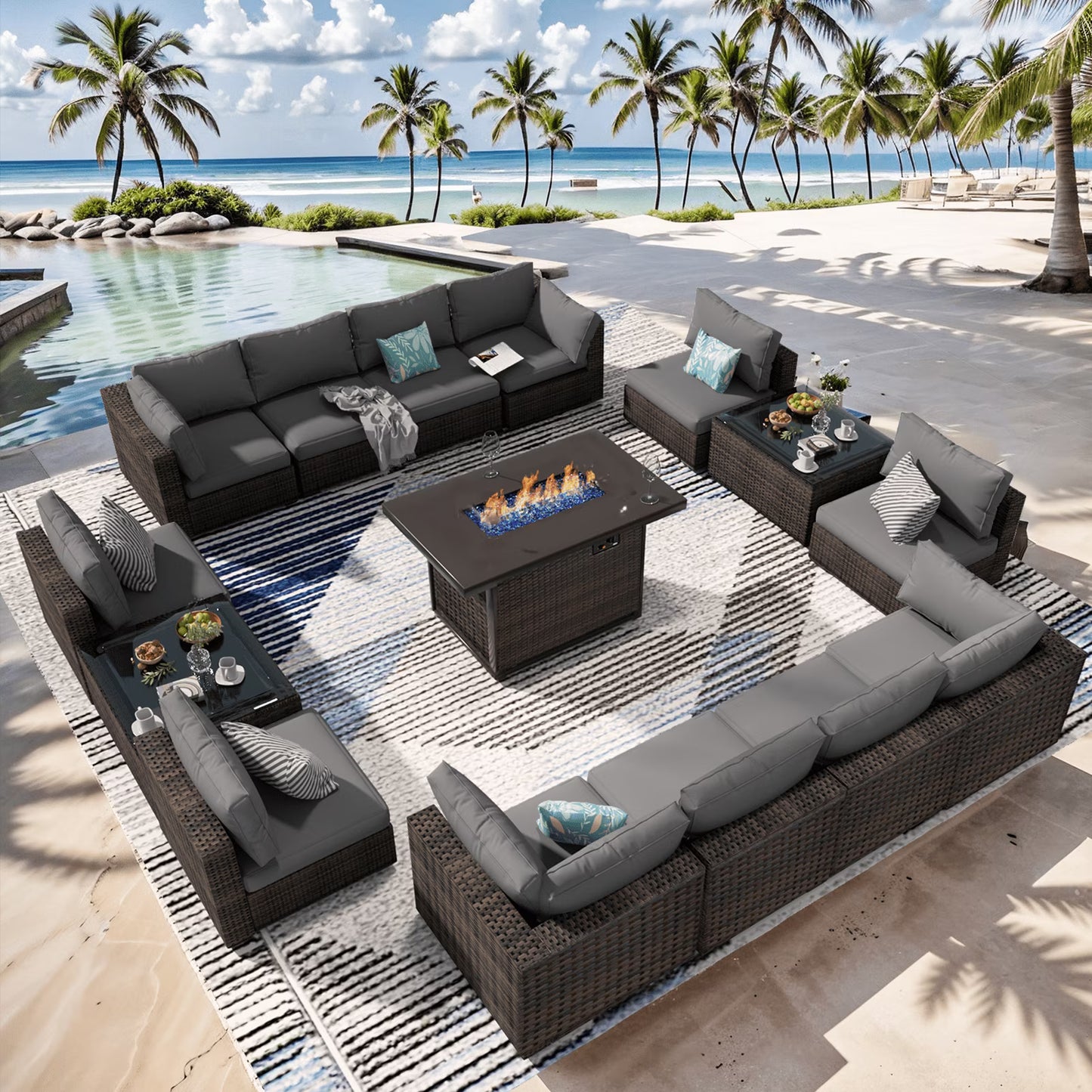 Grezone 15 Pieces Patio Furniture Set with Fire Pit Table, All Weather Outdoor Sectional PE Rattan, Patio Conversation Sets Cushions & Black-glass Coffee Table for Garden Lawn Balcony Porch Deck, Red