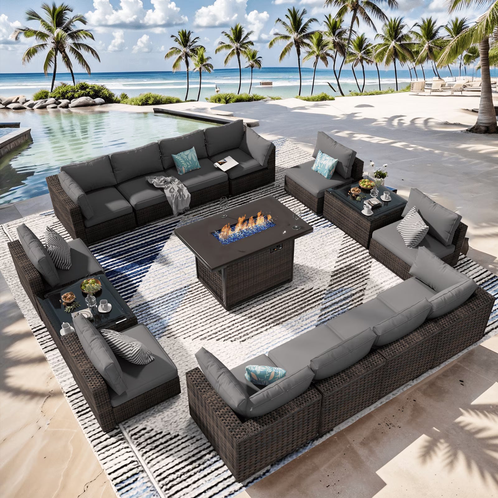 Grezone 15 Pieces Patio Furniture Set with Fire Pit Table, All Weather Outdoor Sectional PE Rattan, Patio Conversation Sets Cushions & Black-glass Coffee Table for Garden Lawn Balcony Porch Deck, Red