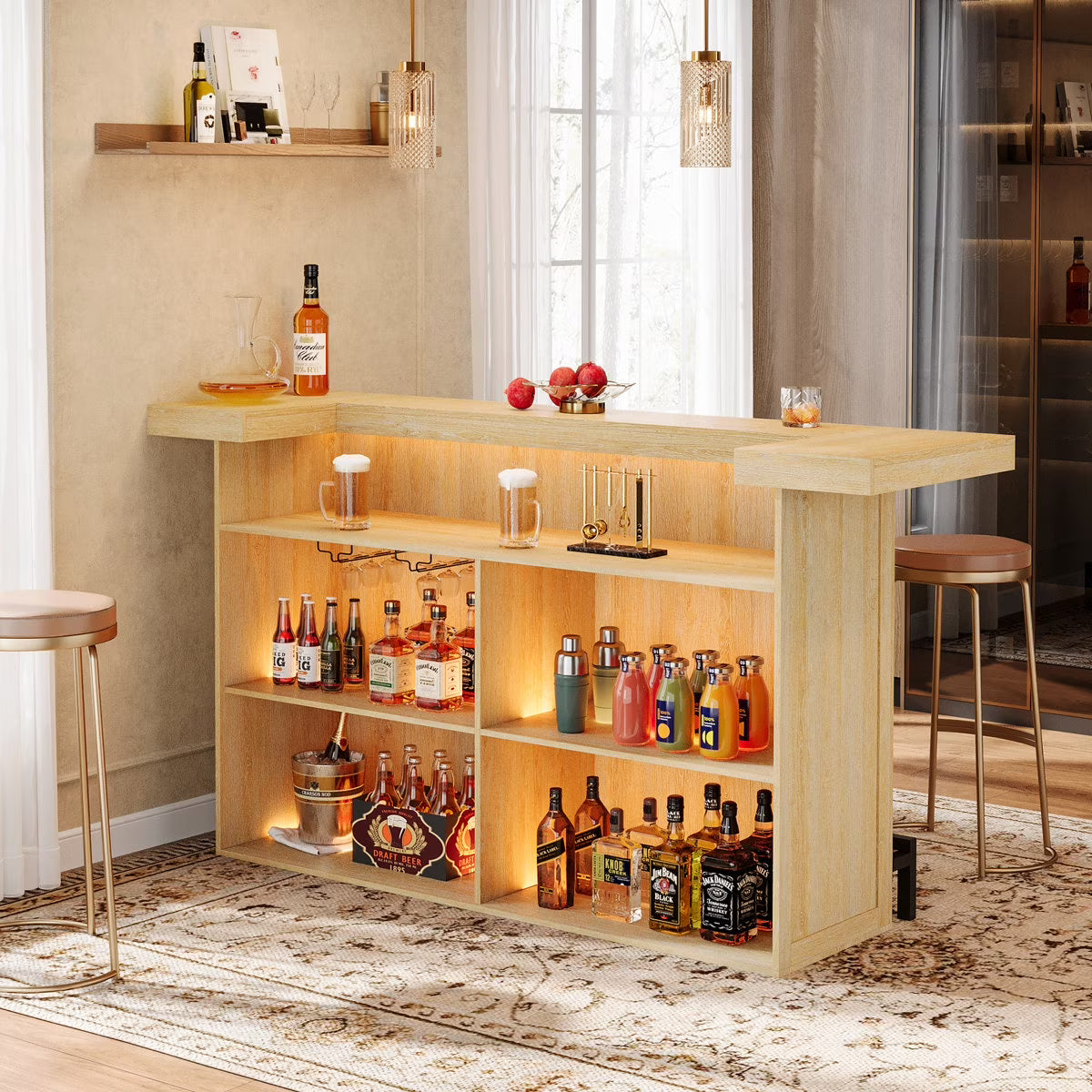 Tribesigns 4-Tier Bar Table, 70.9-Inch Large Home Bar Cabinet with Wine Glass Holder and Black Footrest, for Kitchen, Dining Room, Living Room, Pub, Rustic Brown
