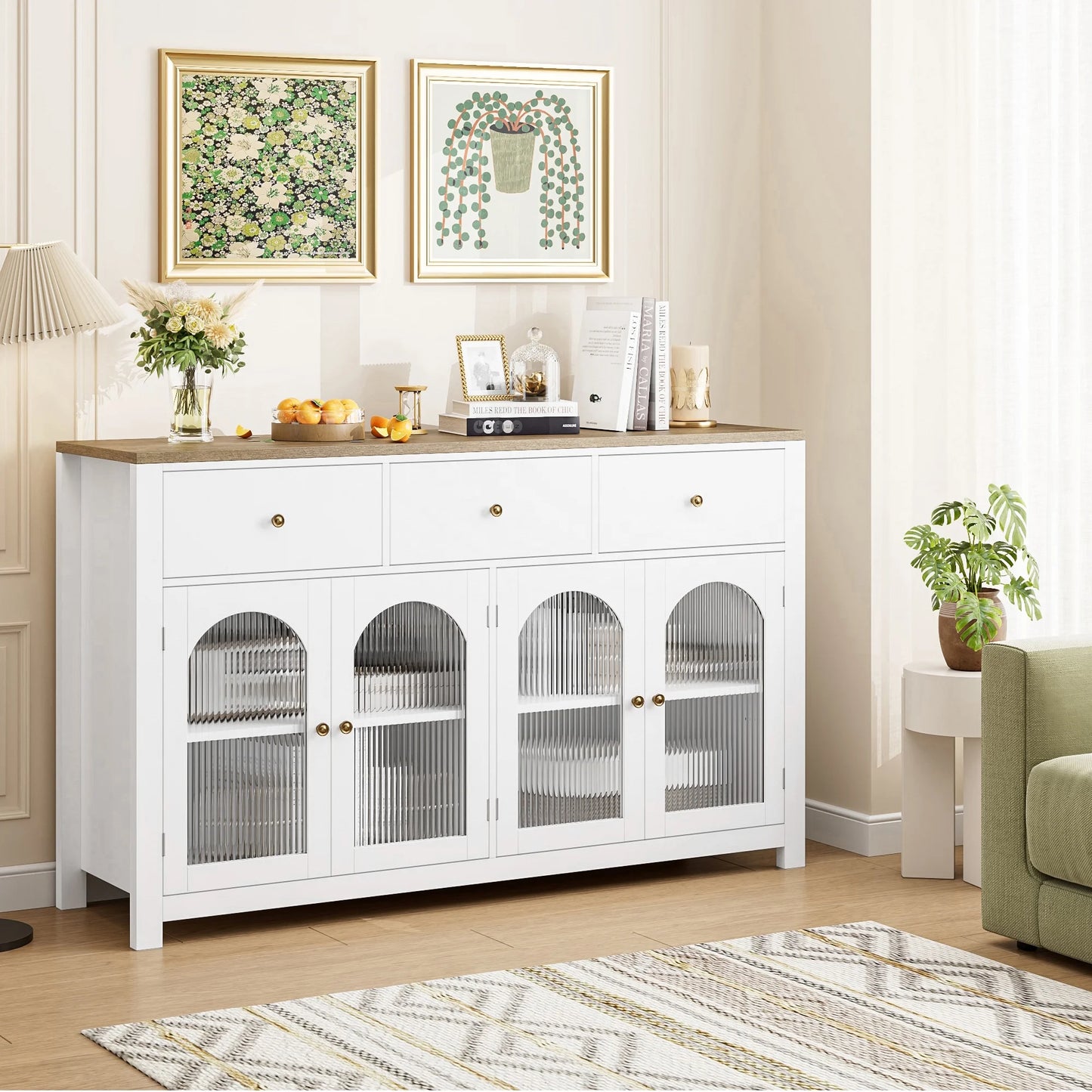 Homfa 55'' Large Sideboard Buffet Cabinet, Kitchen Storage Cabinet with 3 Drawers and 4 Glass Doors, Wood Coffee Bar Cabinet for Living Room, White
