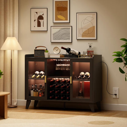 Farmhouse Wine Bar Cabinet with LED Lights, Home Coffee Bar Cabinet with Wine Racks and Glass Holders, Modern Buffet Sideboard with Acrylic Doors and Drawer for Dining Room, Bar, Living Room, Black