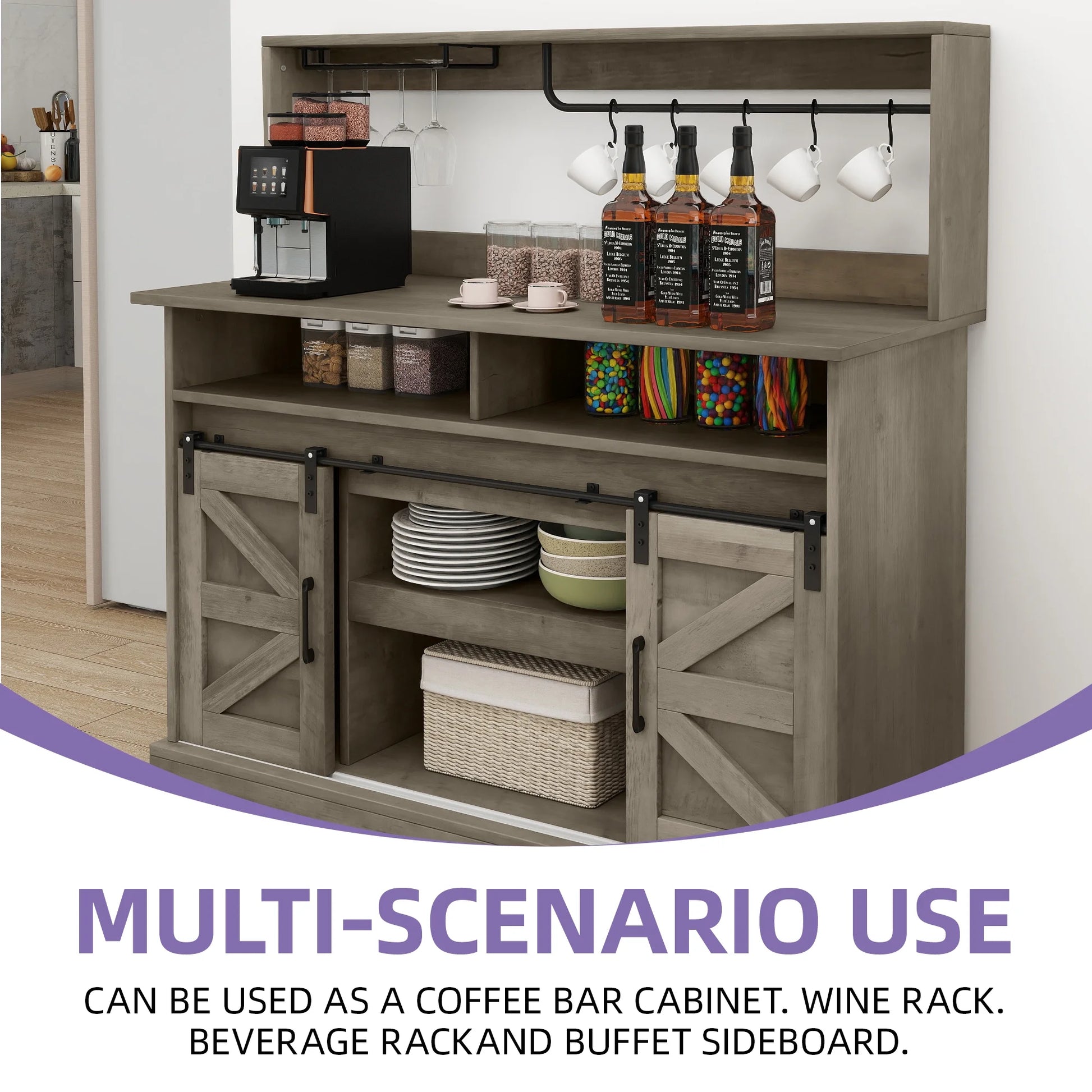 Uforic 52" Farmhouse Coffee Bar Cabinet, Barn Door, Wine Glass Rack, USB Ports & Hooks, Washed Gray