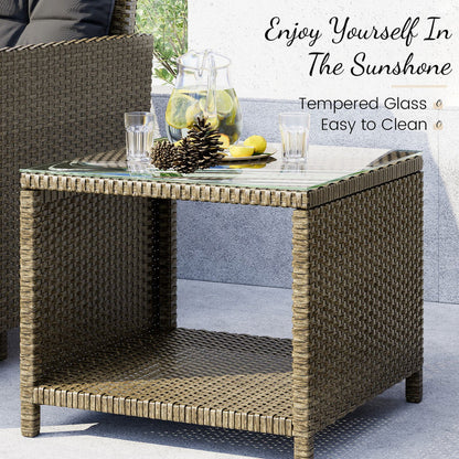 LHBcraft 5-Piece Outdoor Patio Furniture Set, PE Wicker Rattan Lounge Chairs with Soft Cushions, 2 Ottomans & Glass Table for Porch, Lawn Yellow Wicker