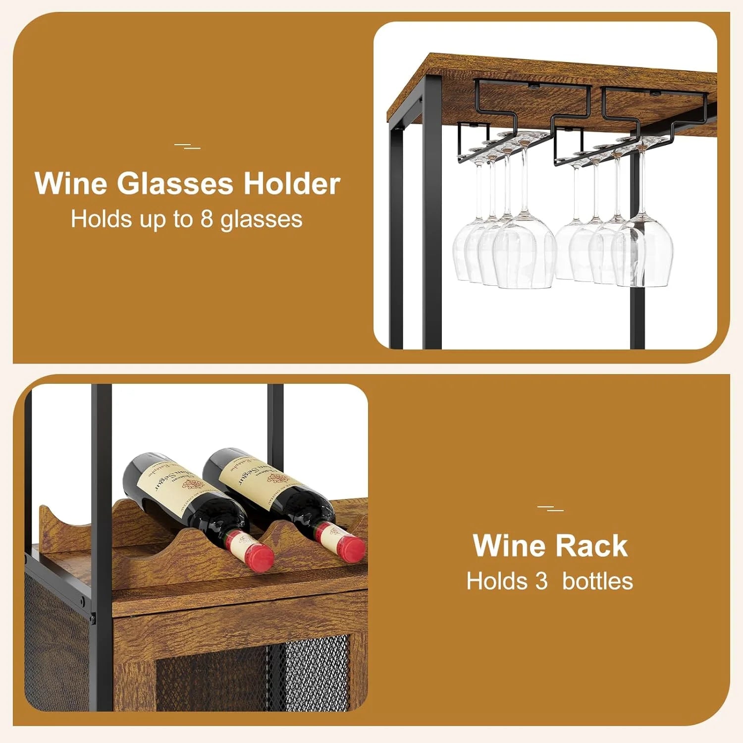 Bar Cabinet with Detachable Wine Rack, Liquor Shelf for Home Bar, Mini Bar Table with Glass Holder, Small Sideboard and Buffet with Mesh Door for Small Space, Rustic Brown