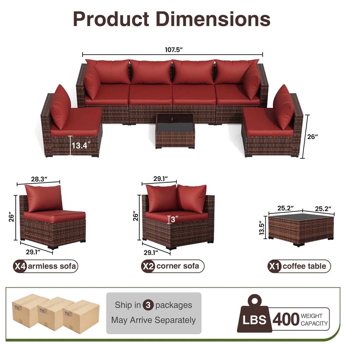 ELPOSUN 7 Pieces Patio Furniture Set All Weather Outdoor Sectional Sofa, Outdoor Modern Sectional Furniture Wicker Couch with Glass Coffee Table, Thicken Red Cushions, Water Resistant