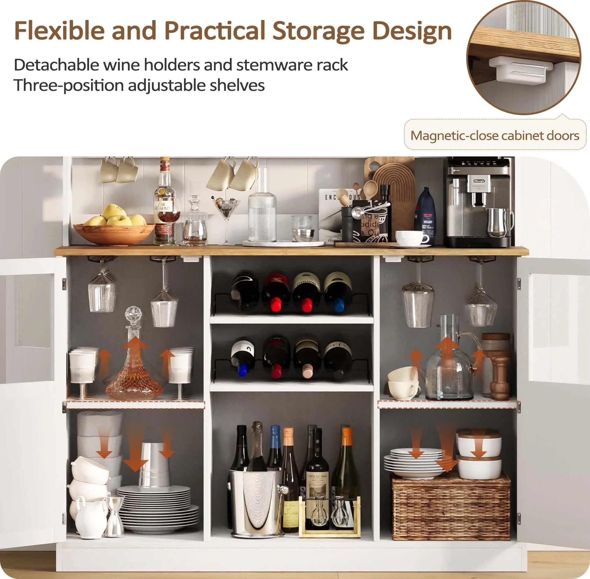 Vividwood Buffet Cabinet with Storage, 47'' Farmhouse Coffee Bar Cabinet with Wine Rack and Glass Goblet Holder, Bar Station Wood Kitchen Table for Dining Room, Living Room, White/Brown