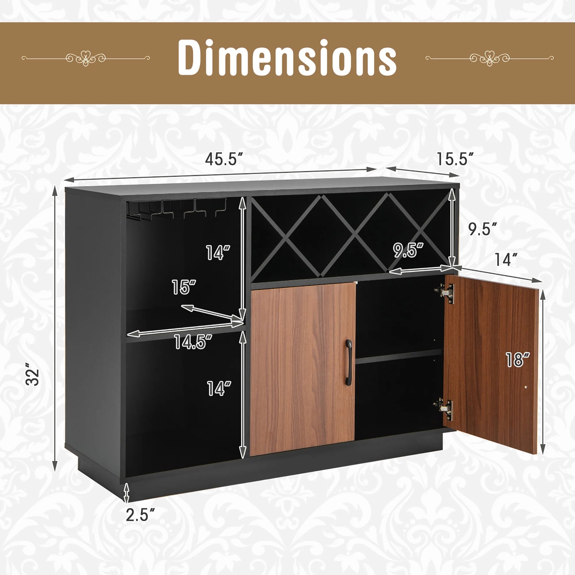 Costway Industrial Wine Bar Cabinet Sideboard Buffet with Glass Holder & Adjustable Shelf