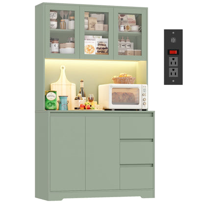 Homfa 70.9'' Kitchen Pantry Cabinet with Charging Station and LED Light, 3 Drawers Buffet Storage Cabinet with Glass Doors and Adjustable Shelves, White