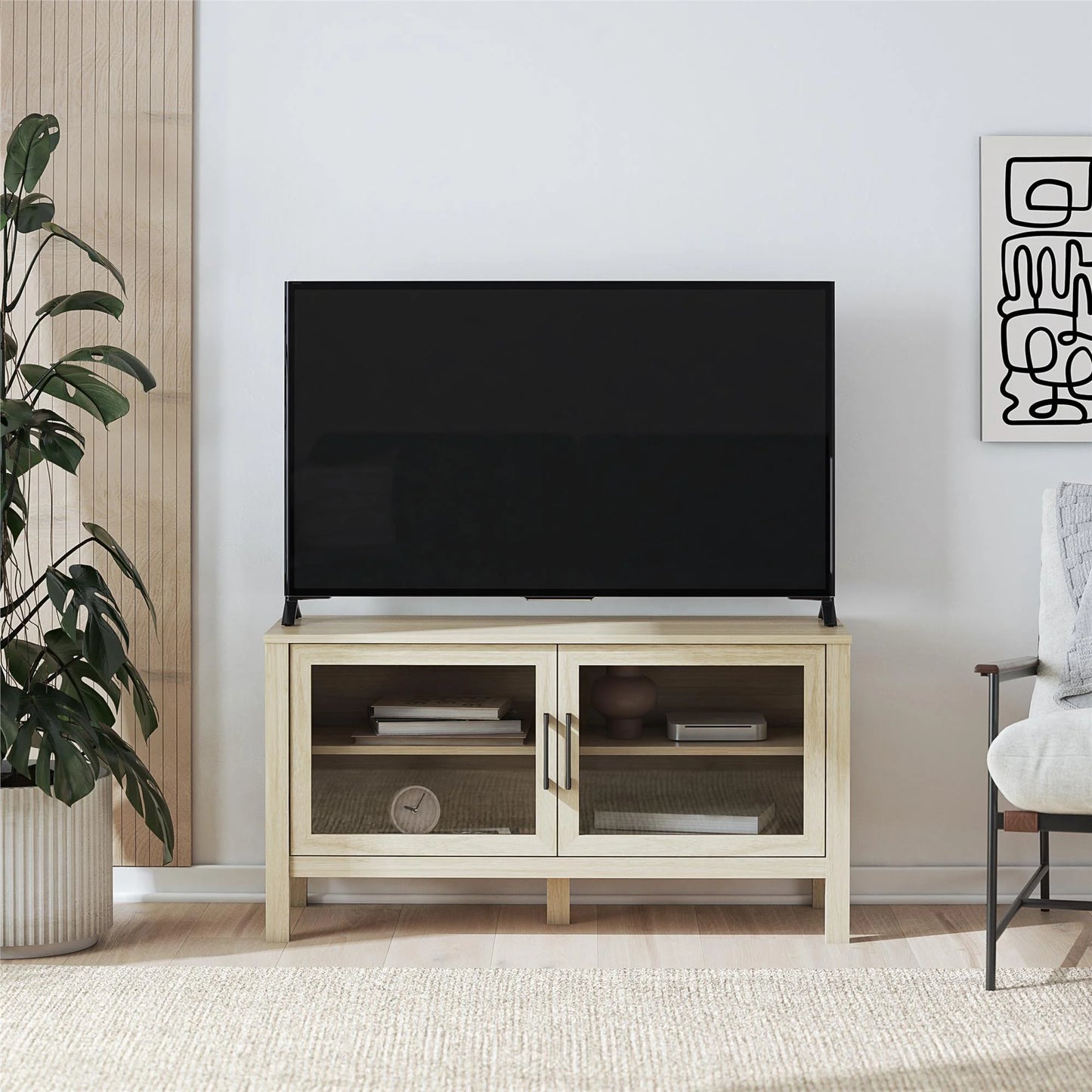 Mainstays Glass Door TV Stand for TVs up to 55", Spring Pine