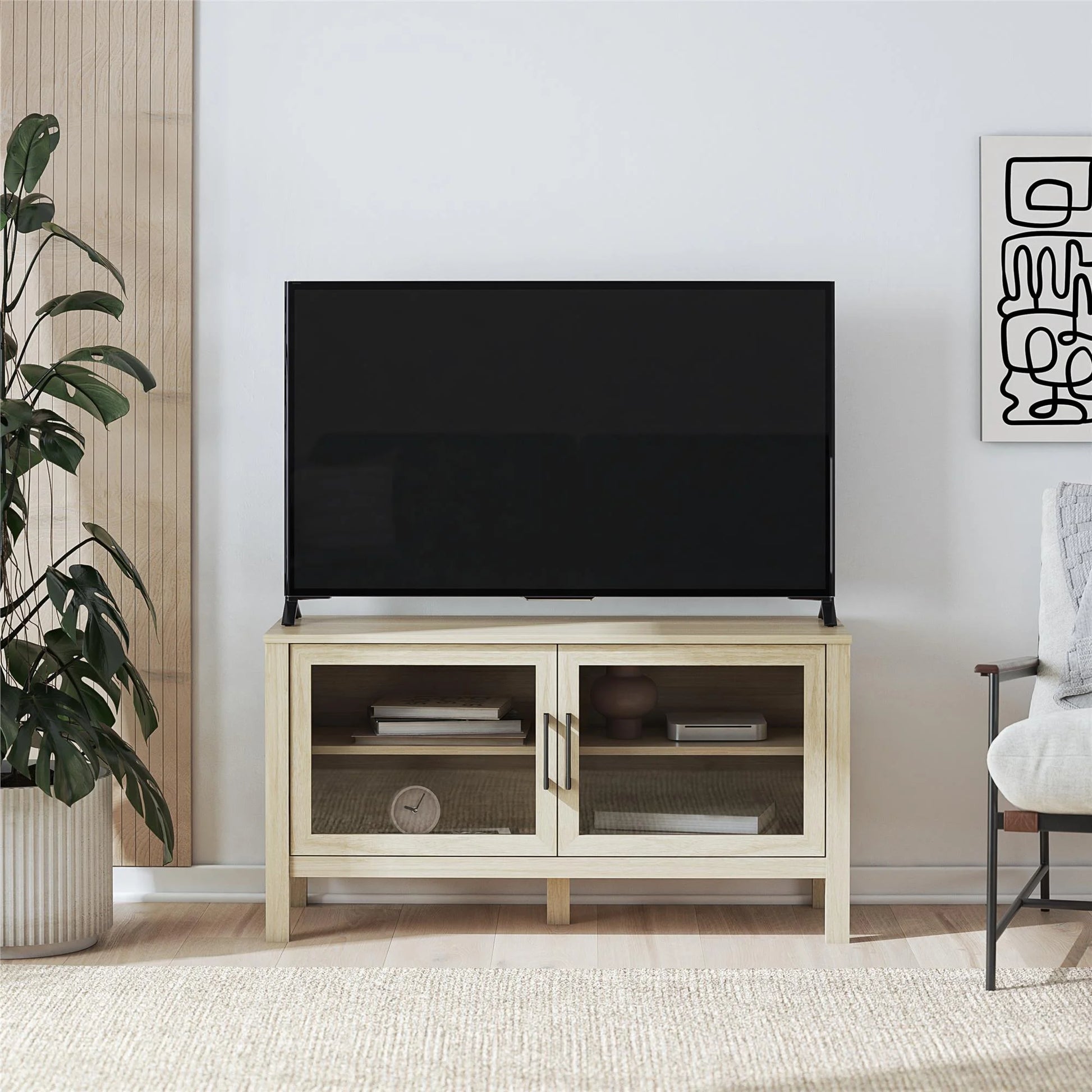 Mainstays Glass Door TV Stand for TVs up to 55", Spring Pine