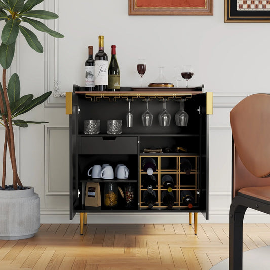 CBJCBJ 32" Wine Bar Cabinet with 2 Door Fluted Texture, Modern Coffee Cabinet with Rack& Glass Holder, Black