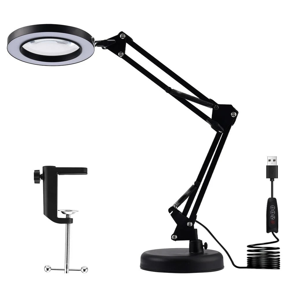 10X LED Magnifying Glass with Light, Stepless Dimmable, 3 Color Modes, Real Glass Lens Magnifying Lamp with Light Desk Lamp Clamp for Crafts, Reading, Close Work - Black