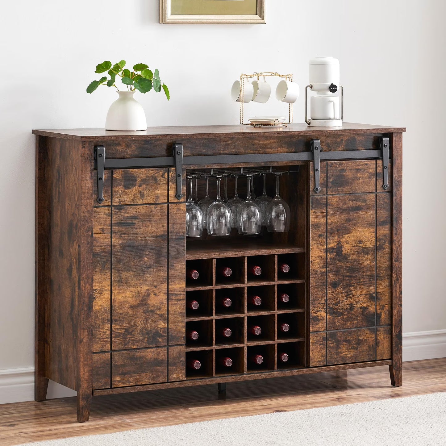DSstyles 47" Coffee Bar Cabinet w/16 Wine & Glass Rack, Storage Shelves Farmhouse Wine Bar Cabinet w/Sliding Barn Door Rustic Large Buffet Sideboard Cabinet for Dining Room
