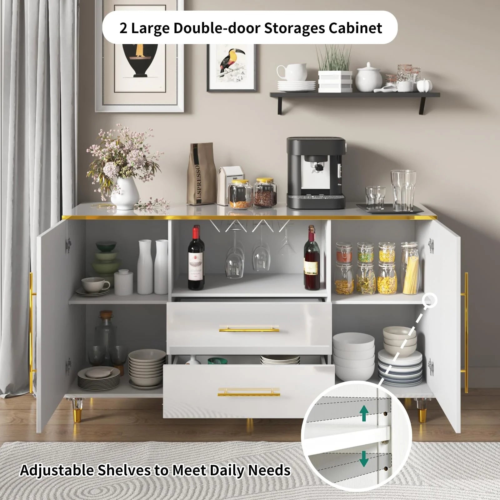 MARNUR Sideboard Buffet Cabinet, 55" Coffee Bar Cabinet with 2 Drawers and Wine Glass Holder for Kitchen Dining Room Living Room, White
