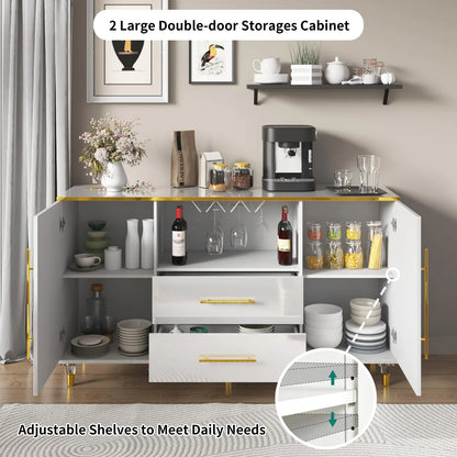 MARNUR Sideboard Buffet Cabinet, 55" Coffee Bar Cabinet with 2 Drawers and Wine Glass Holder for Kitchen Dining Room Living Room, White