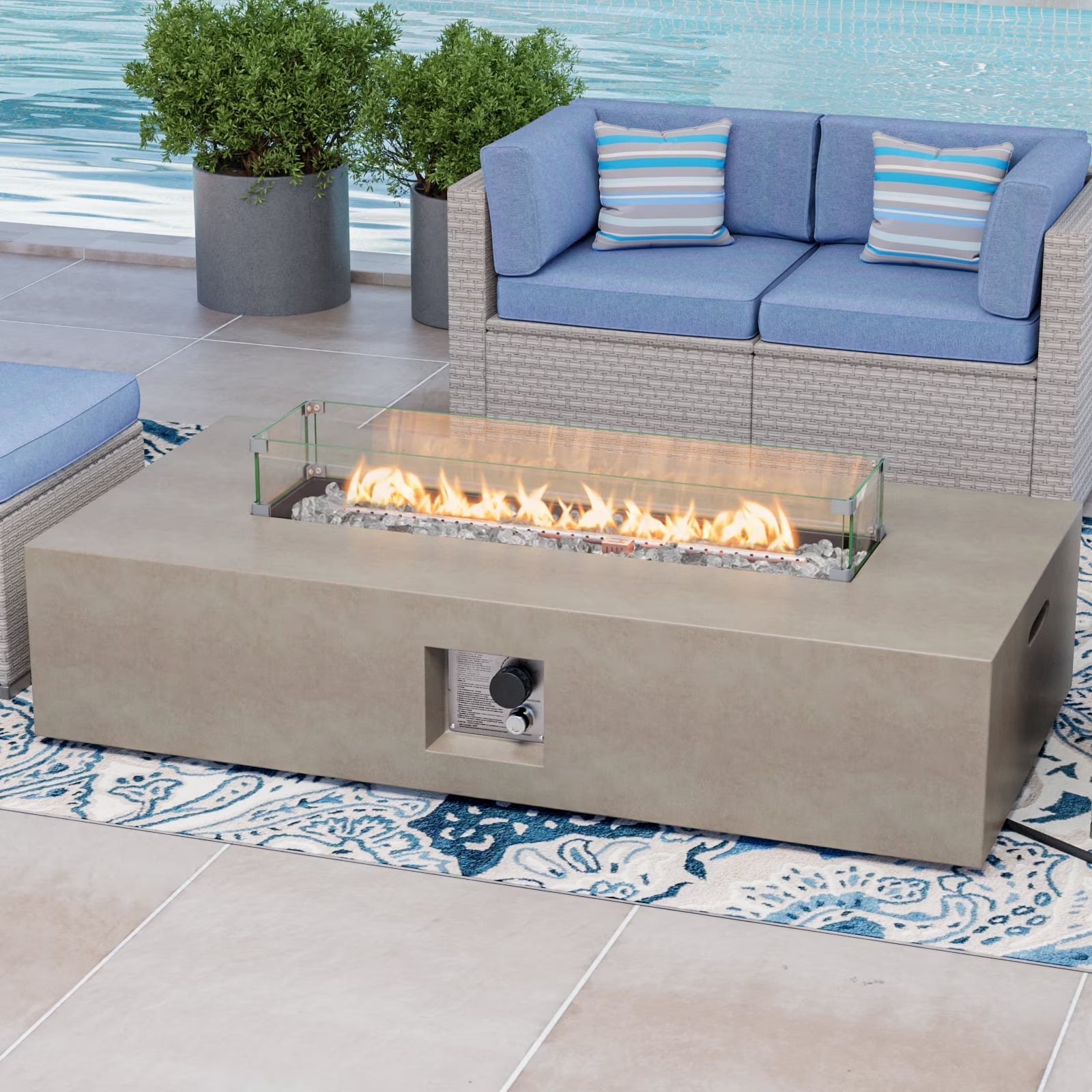 COSIEST Outdoor Rectangular Propane Fire Pit Table, Terrazzo White Concrete Finish, 50,000 BTU Stainless Steel Burner with Glass Wind Guard, Rain Cover