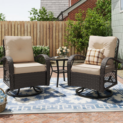 MRUAKA 3 Pieces Patio Furniture Set, Outdoor Swivel Gliders Rocker, Wicker Patio Bistro Set with Rattan Rocking Chair, Glass Top Side Table and Thickened Cushions (Khaki)