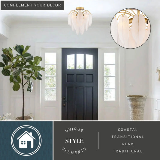 Burbank 4-Light 13.5 in. Wide Muted Gold Brass Traditional Waterfall Semi Flush Mount Lighting Fixture, White Frosted Leaf Glass Shade, Dimmable LED Compatible for Low Ceilings