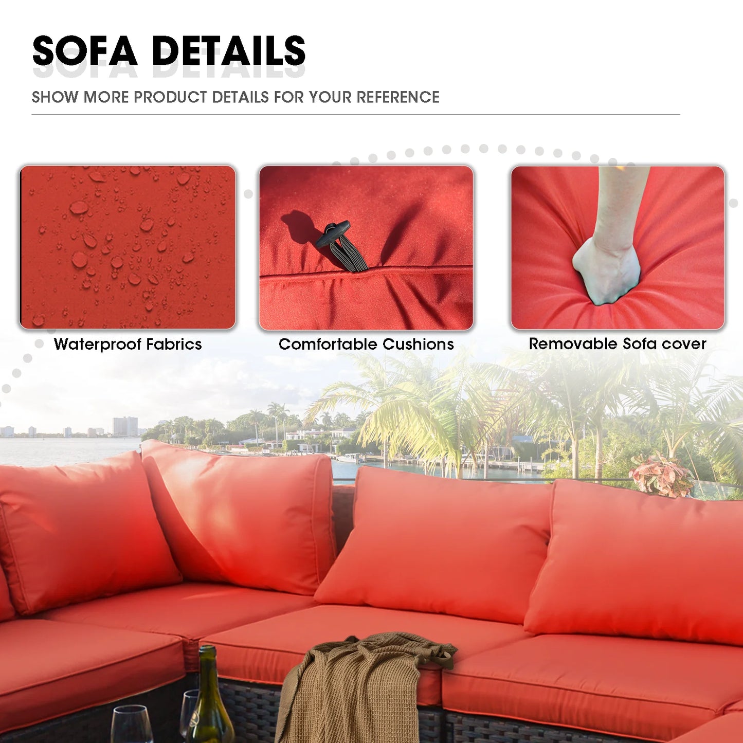 Grezone 15 Pieces Patio Furniture Set with Fire Pit Table, All Weather Outdoor Sectional PE Rattan, Patio Conversation Sets Cushions & Black-glass Coffee Table for Garden Lawn Balcony Porch Deck, Red